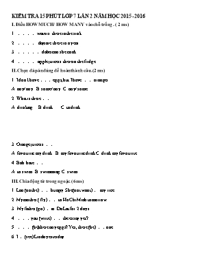 Đề kiểm tra 15 phút lần 2 môn Tiếng Anh Lớp 7 (Thí điểm) - Năm học 2015-2016